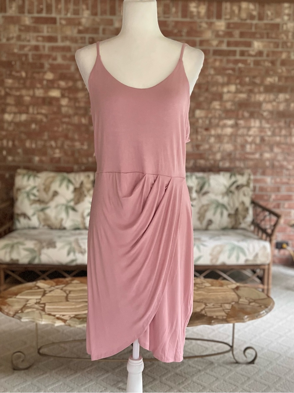 White Birch Dusty Rose Pink Draped Front Tulip Hem Knit Dress L Quiet Luxury